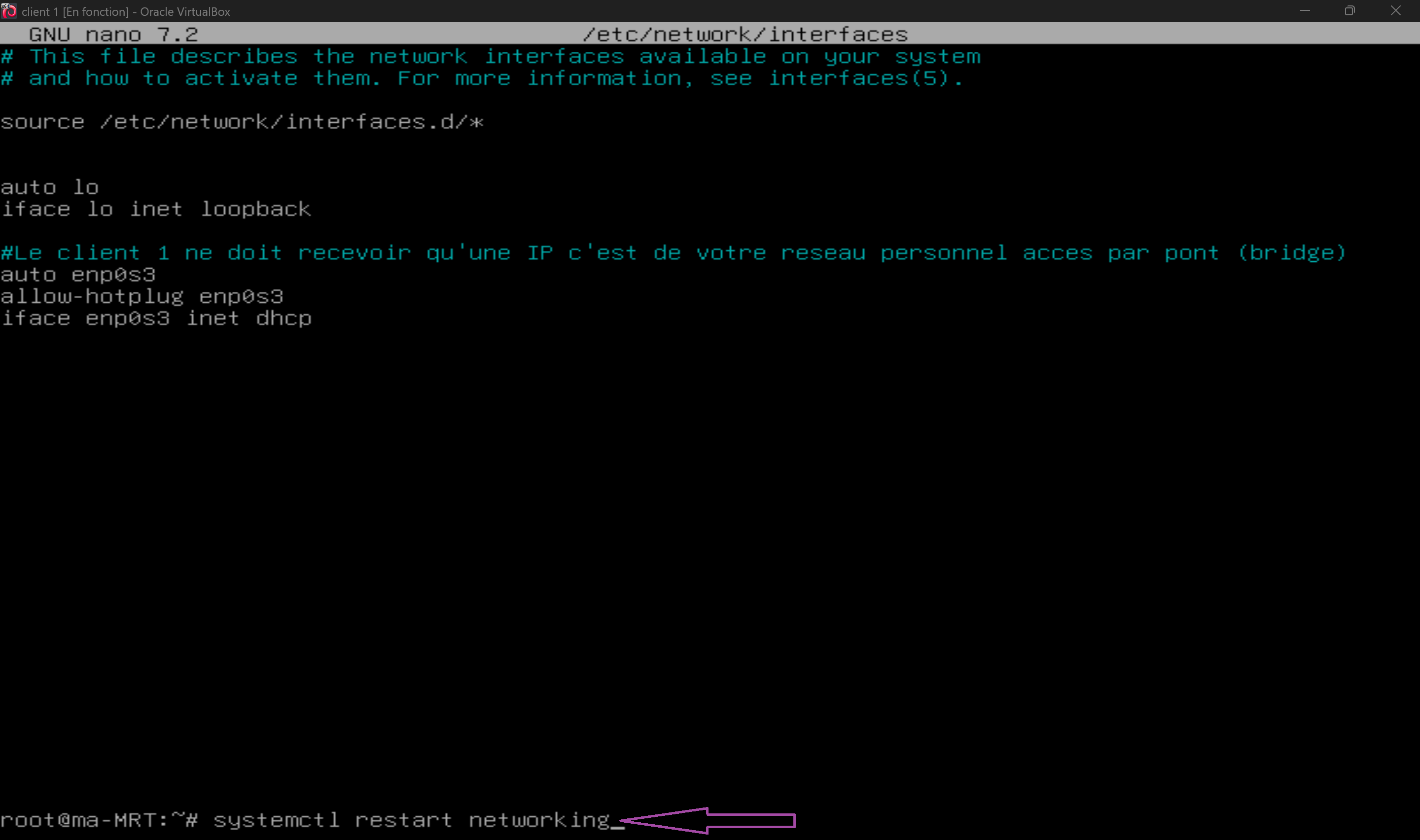 Redémarrer le réseau de Client 1
