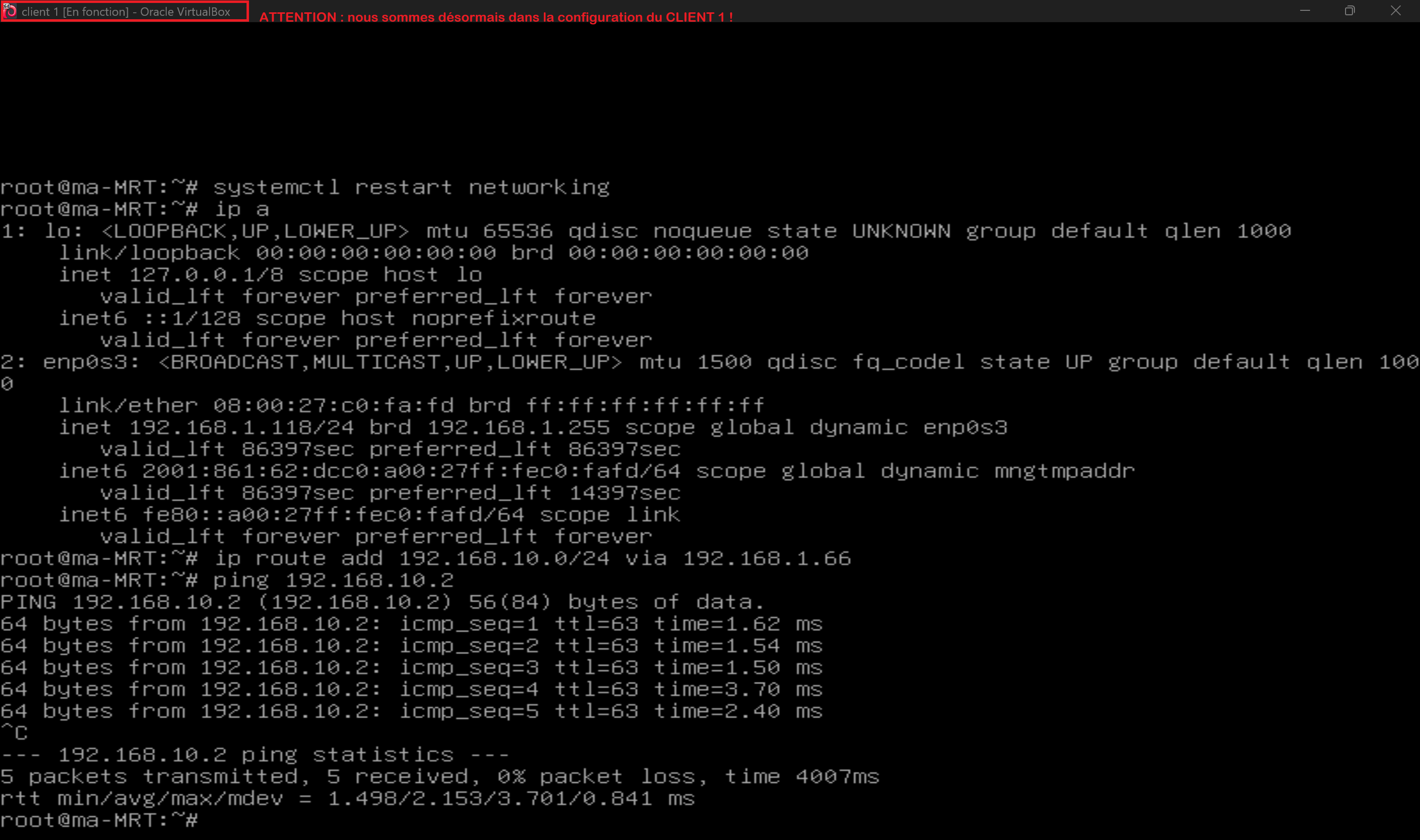 Test : Ping de Client 1 vers Client 2