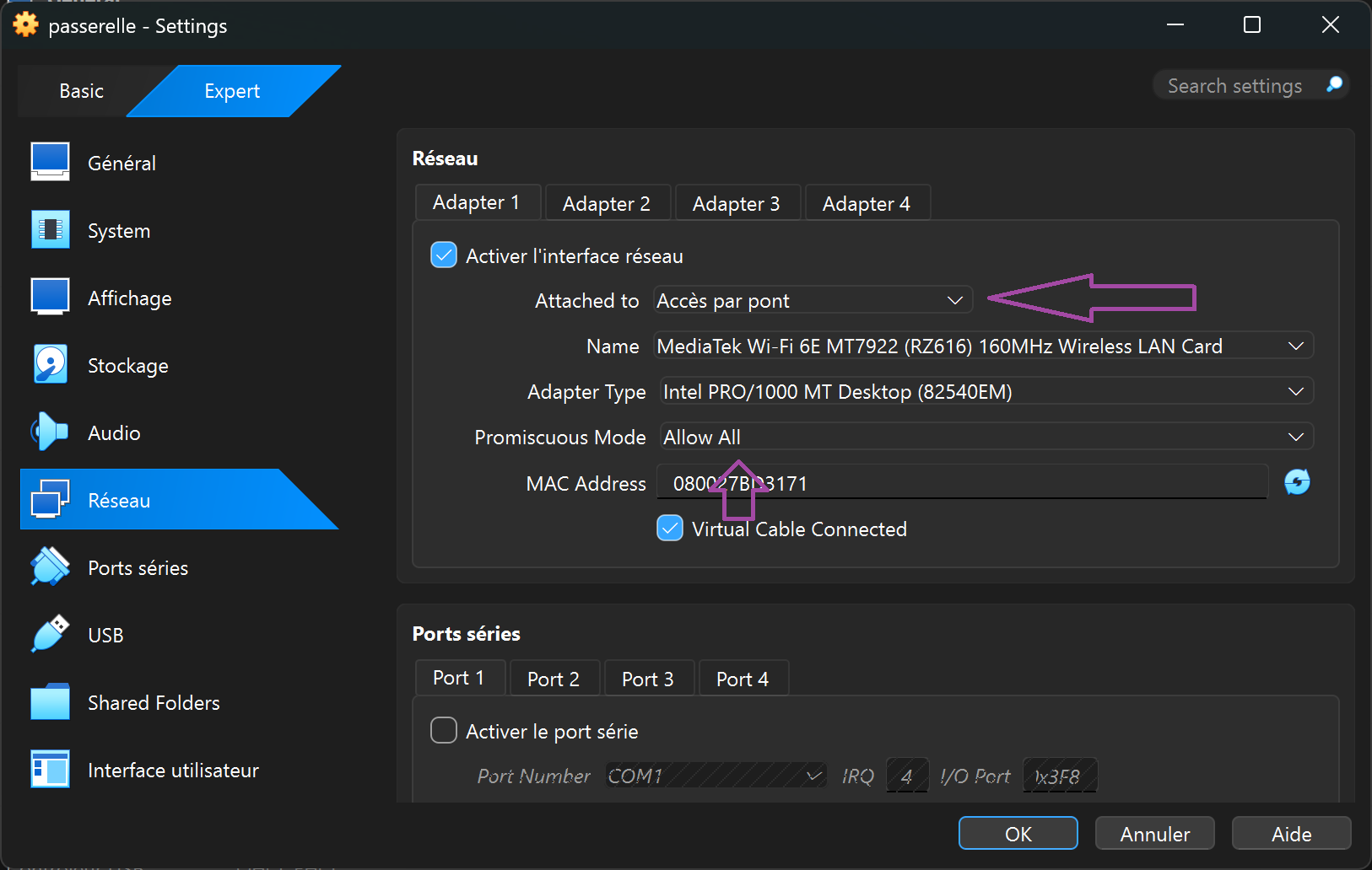 Configuration Adaptateur 1 - Accès par pont