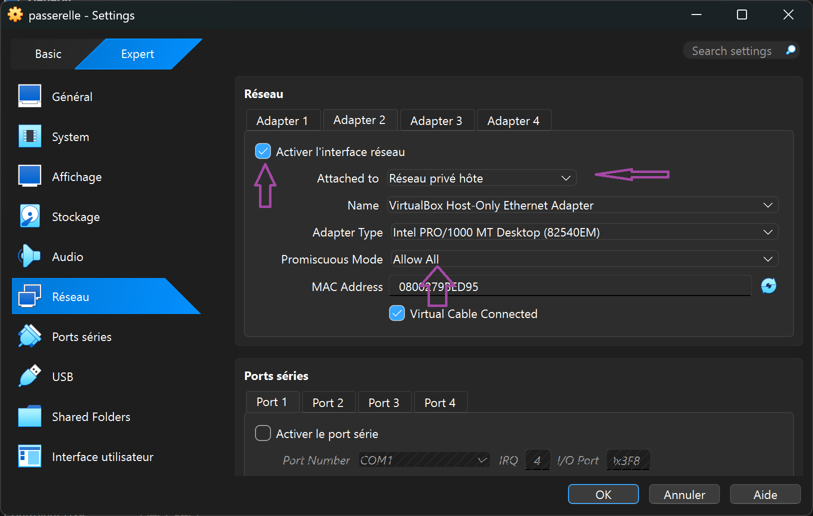 Configuration Adaptateur 2 - Réseau privé hôte