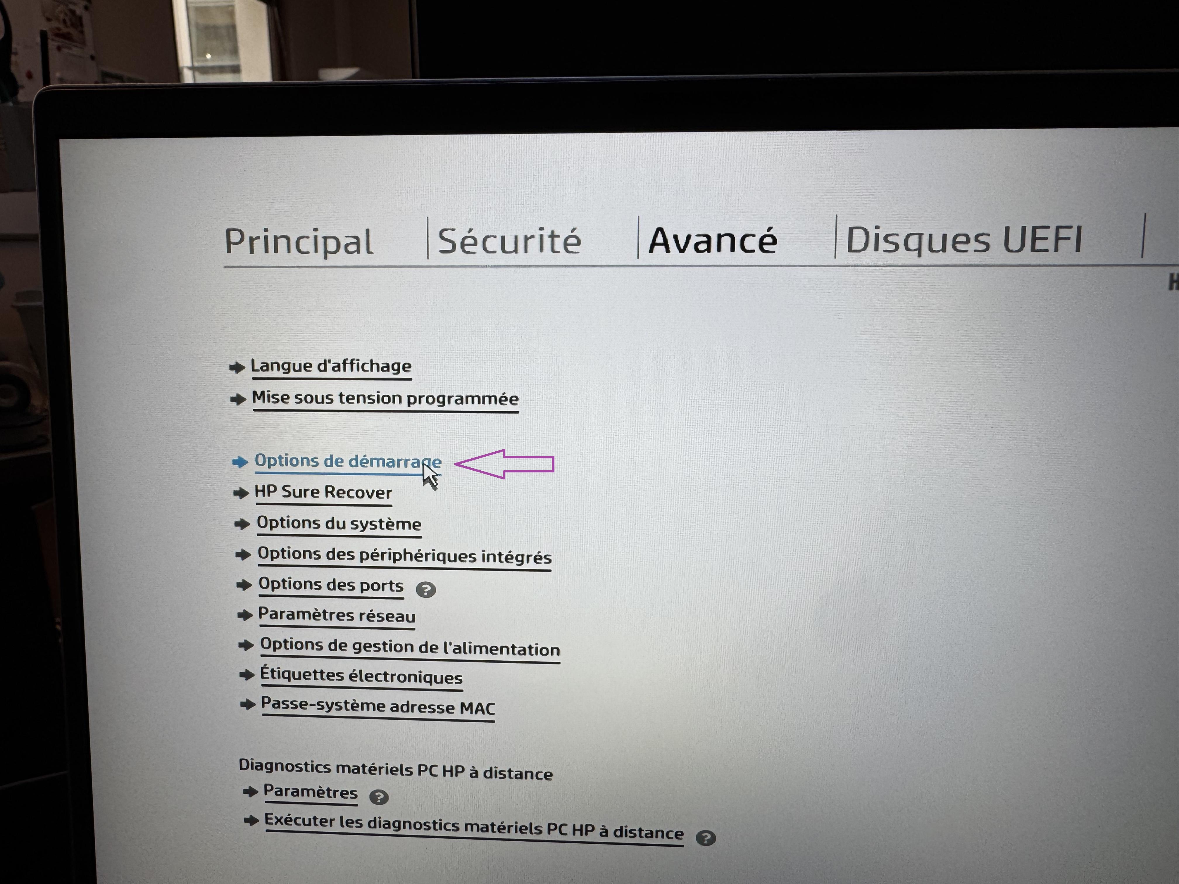 Premier passage dans les options de demarrage du BIOS HP