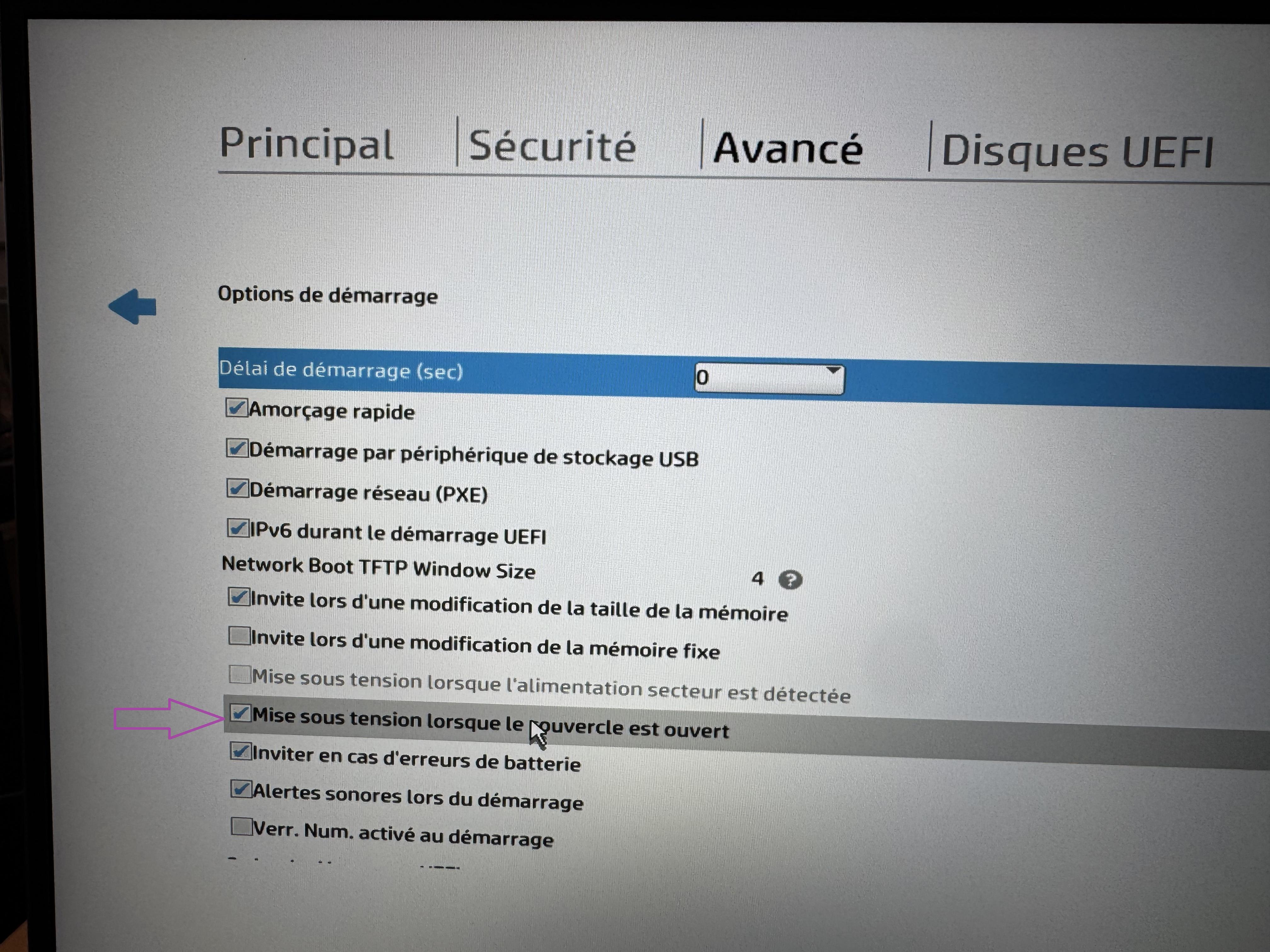 Option d allumage a l ouverture du capot dans le BIOS HP
