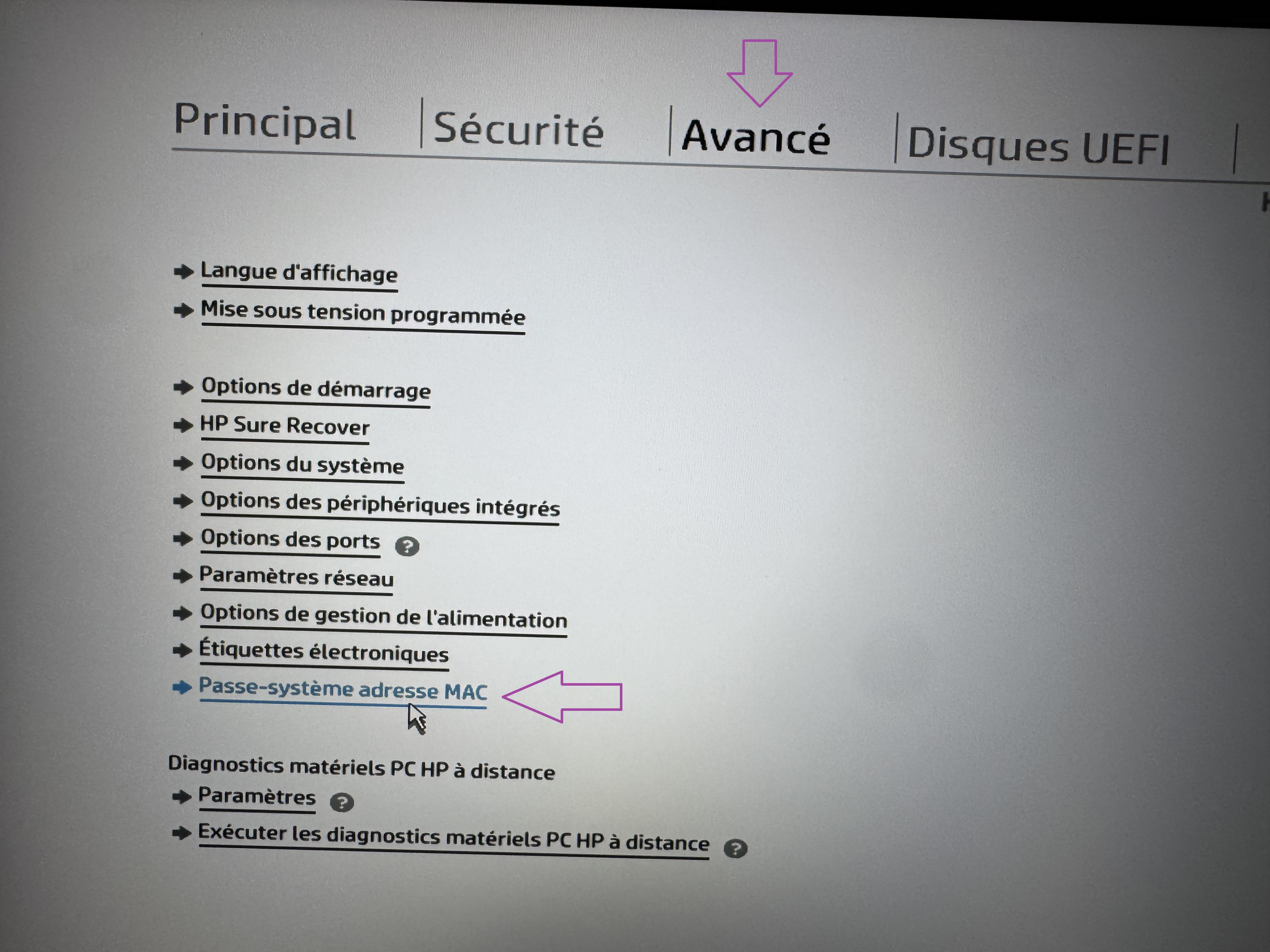 Menu adresse MAC dans le BIOS HP