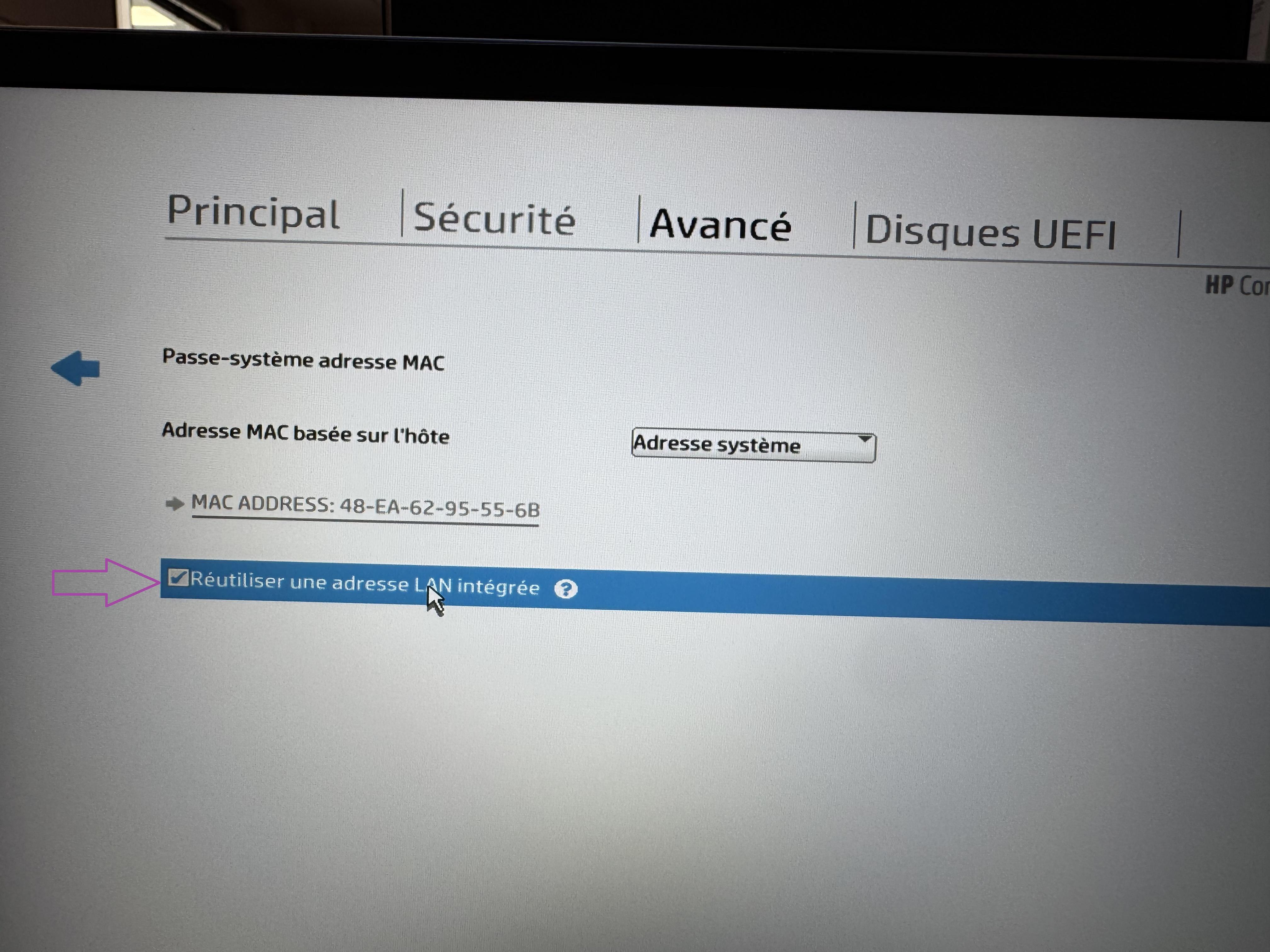 Option adresse LAN dans le BIOS HP
