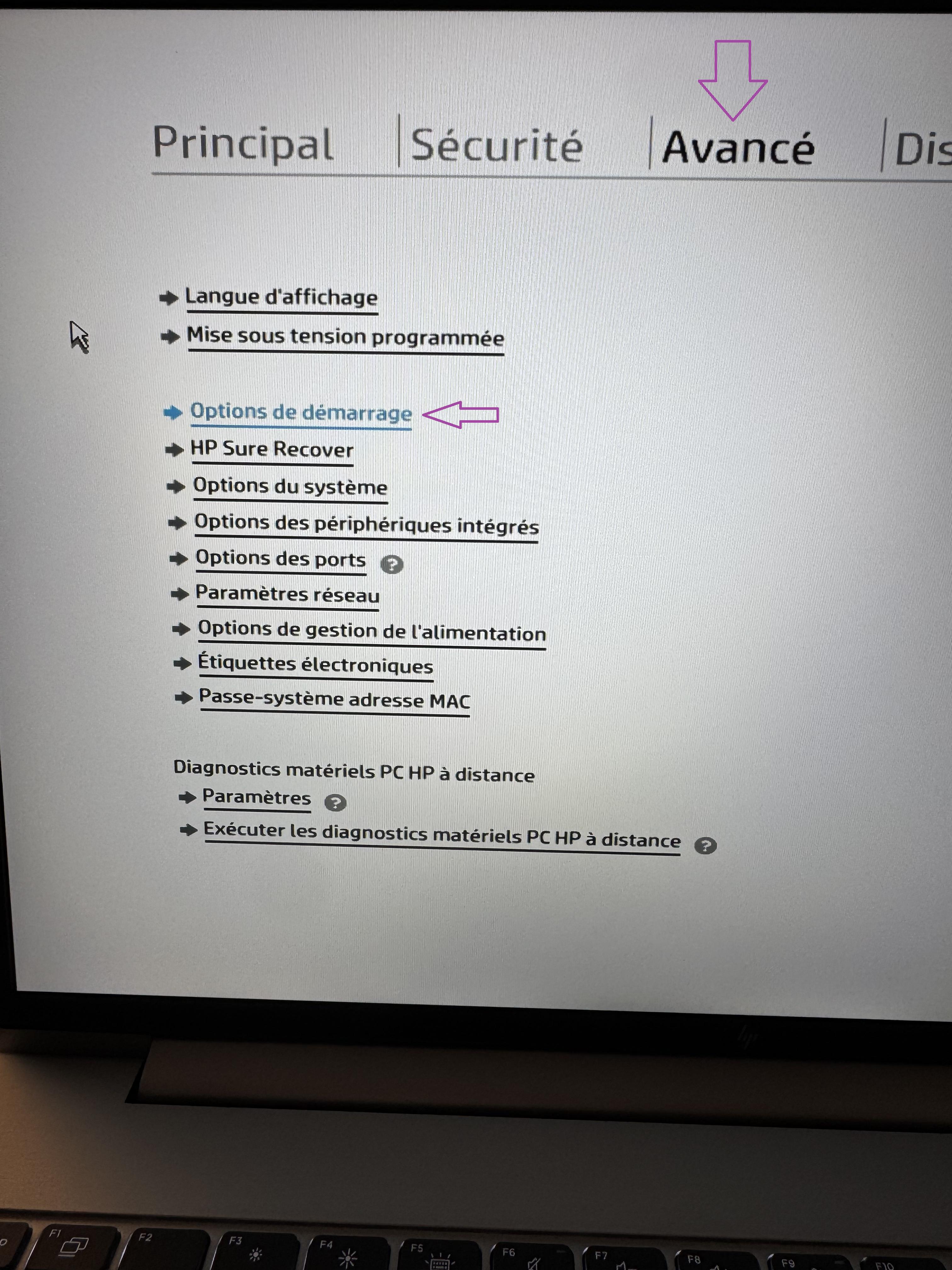 Second passage dans les options de demarrage du BIOS HP