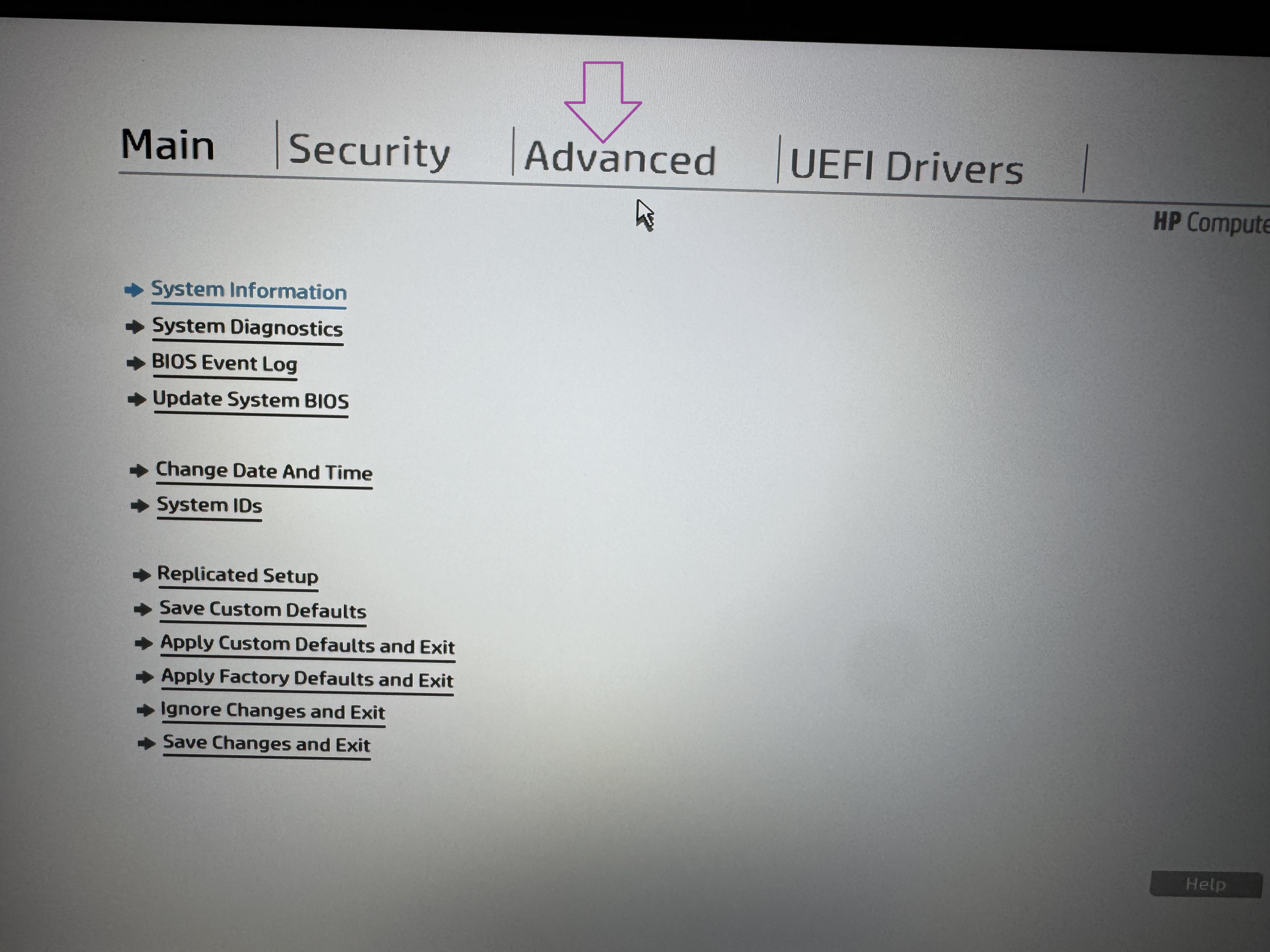 Onglet Advanced dans le BIOS HP