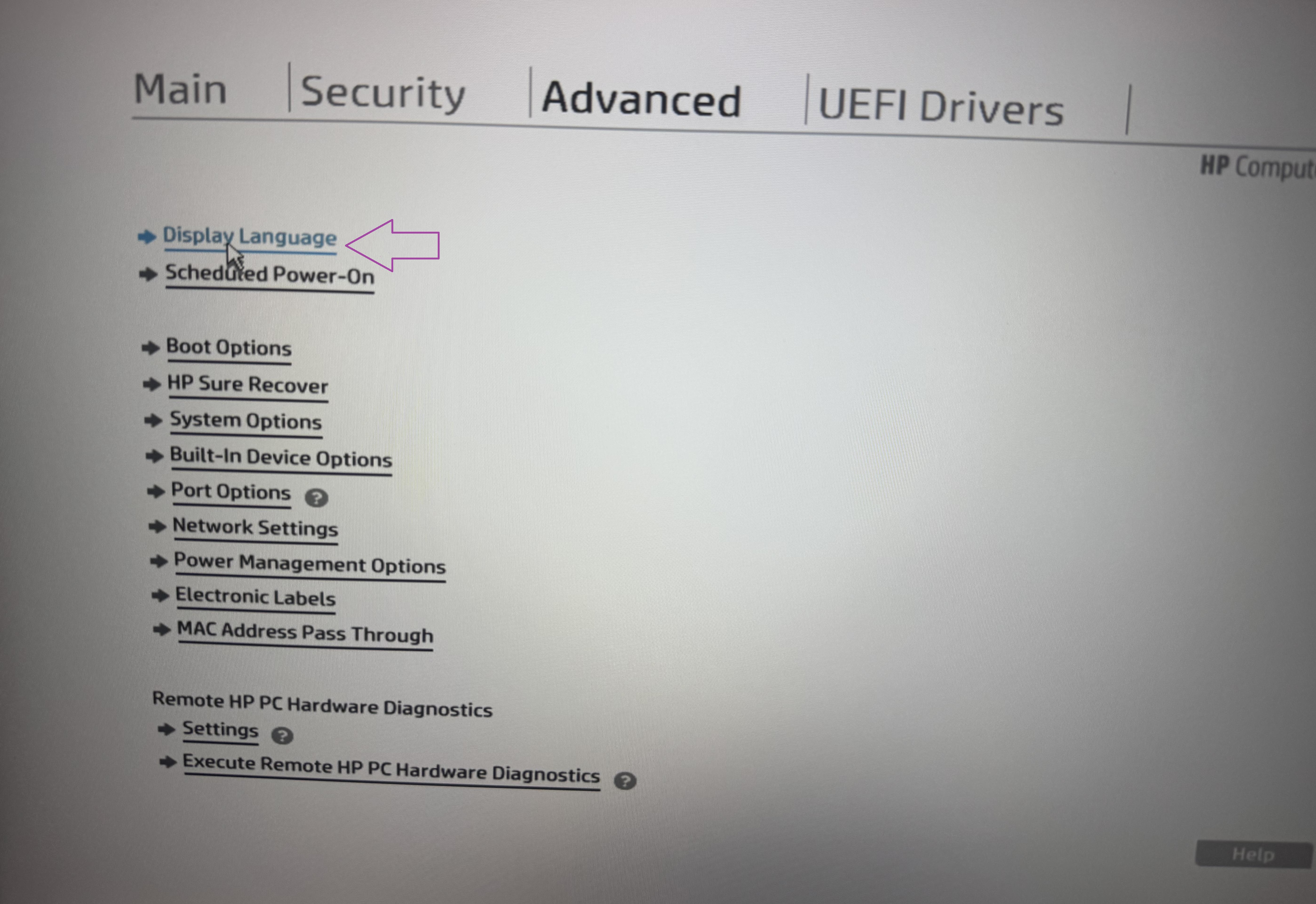 Option Display Language dans le BIOS HP