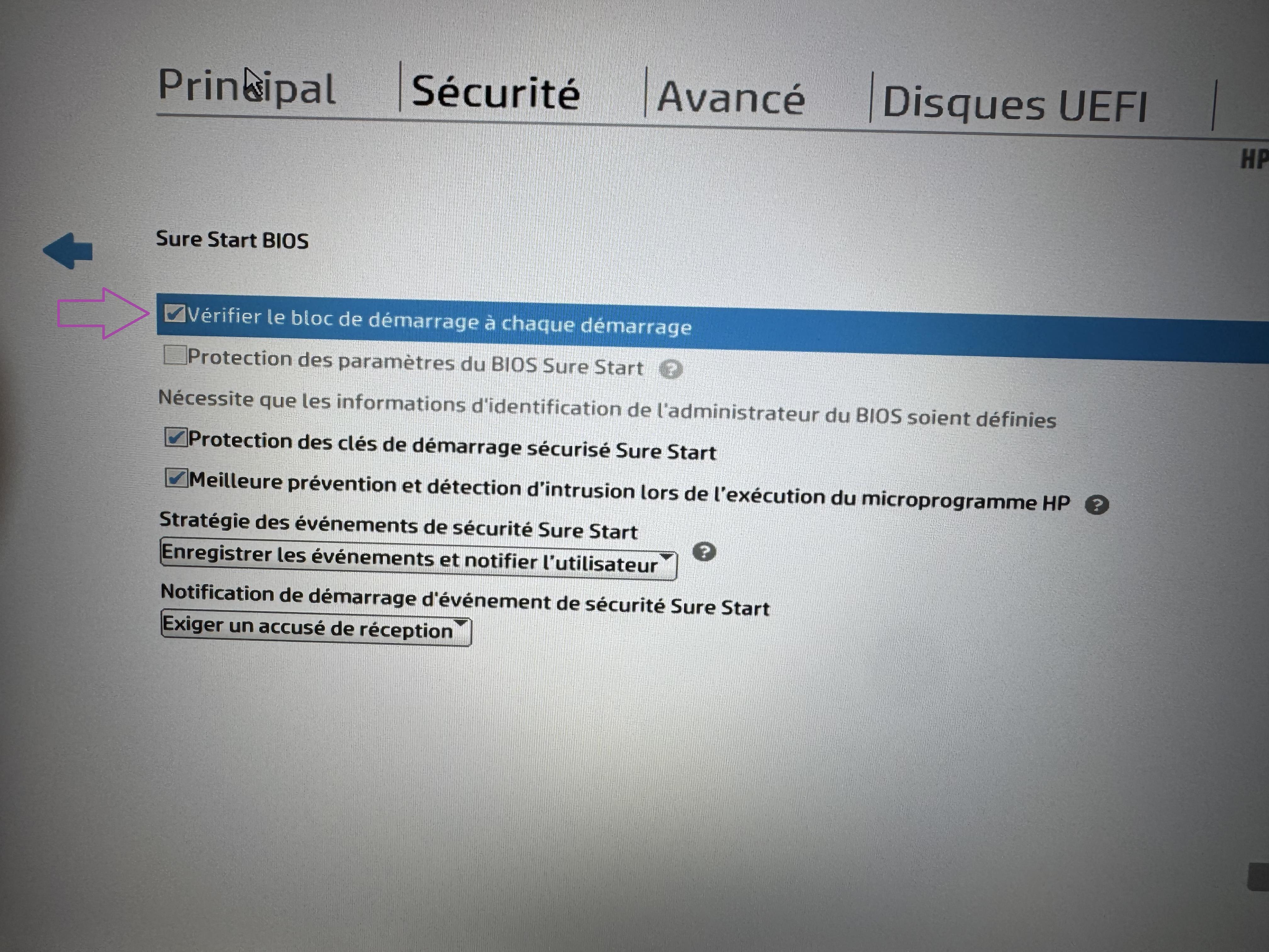 Verification du bloc de demarrage dans le BIOS HP