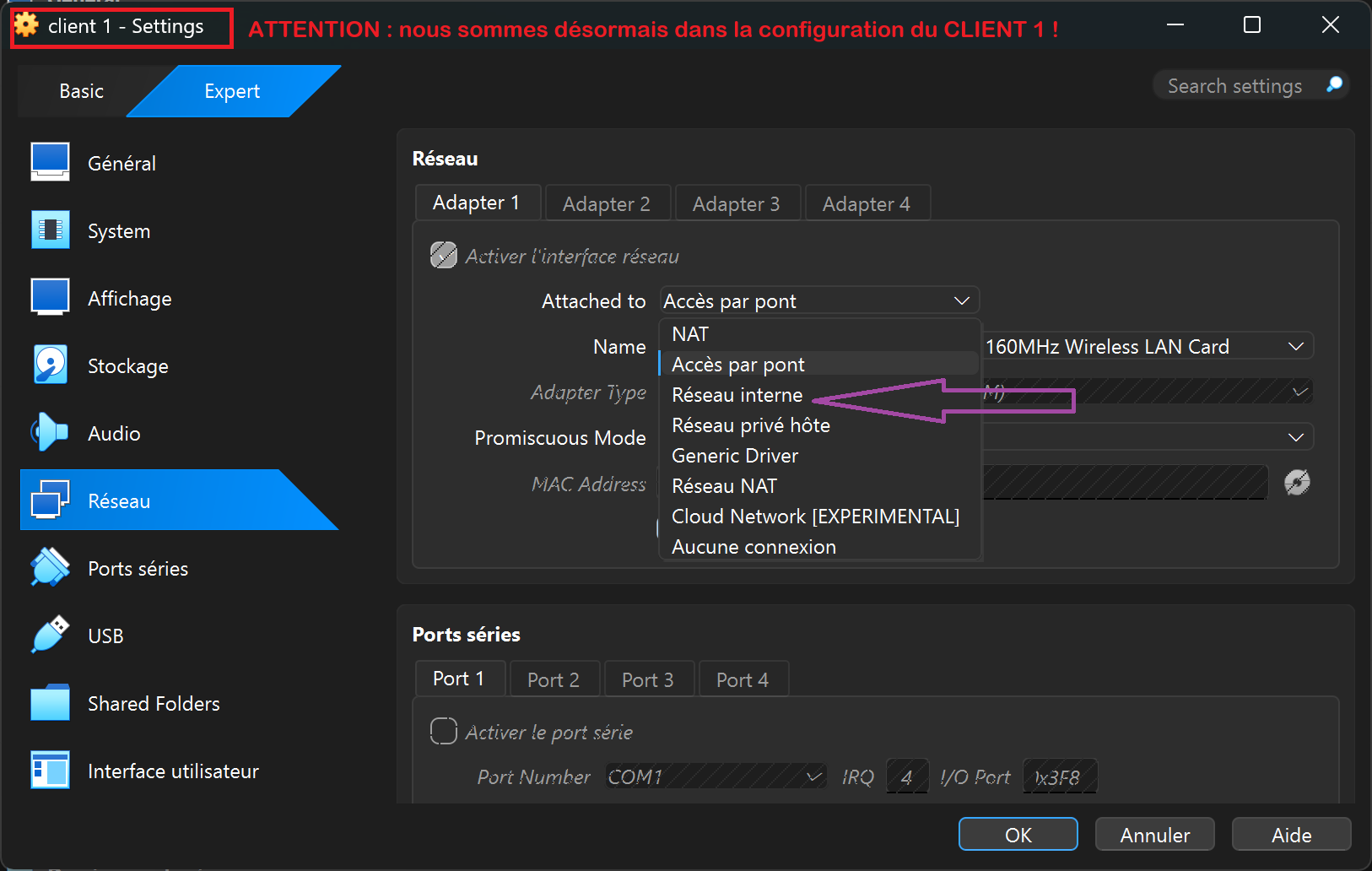 Configuration du réseau interne - Client 1